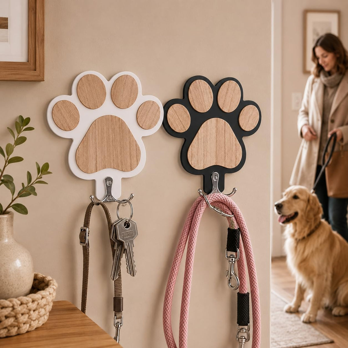 2 Pack Dog Leash Holder for Wall, Wooden Paw Print Wall Hooks, Pet Leash and Collar Hanger, Wall Mounted Dog Accessories Organizer for Entryway