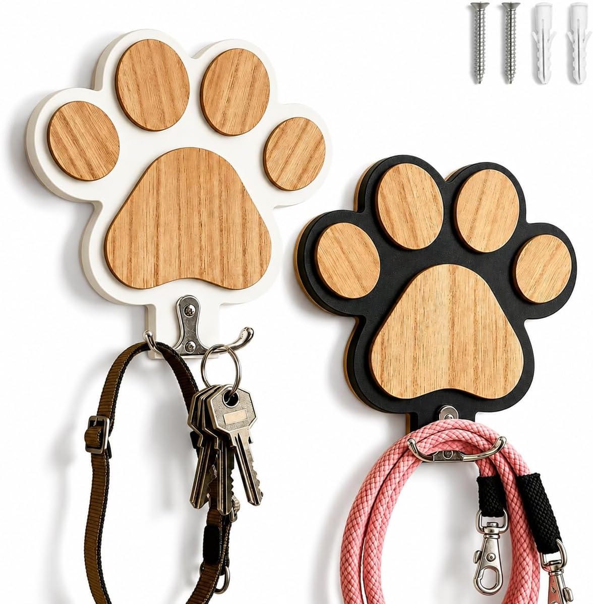 2-Pack Dog Leash Holder, Wooden Paw Wall Hooks for Entryway