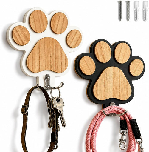 2-Pack Dog Leash Holder, Wooden Paw Wall Hooks for Entryway