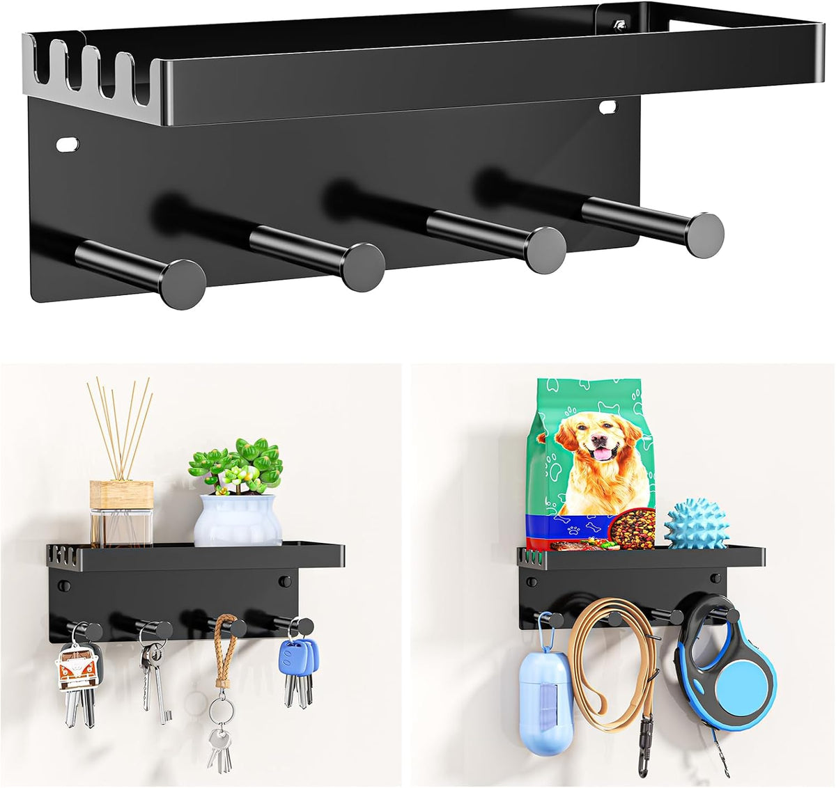 Dog Leash Holder for Wall, Key Holder Wall Mount, Metal Dog Leash Hooks, Pet Stuff Storage Shelf for Leash Hanger