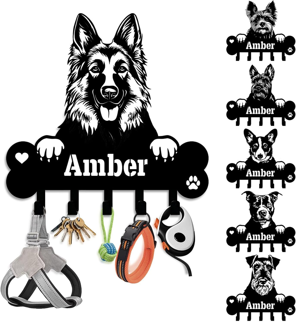 Dog Leash Holder for Wall – Personalized Dog Breed Silhouette with Custom Name, Metal Key Hook Rack, Entryway Decor